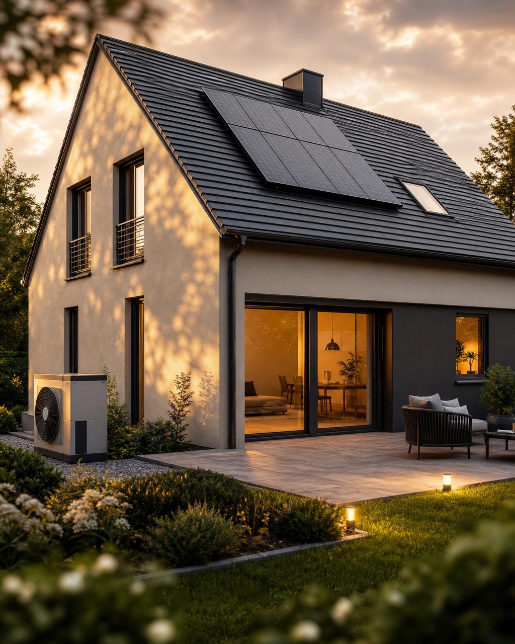 Modernes energieeffizientes Einfamilienhaus mit Wärmepumpe und Photovoltaik
